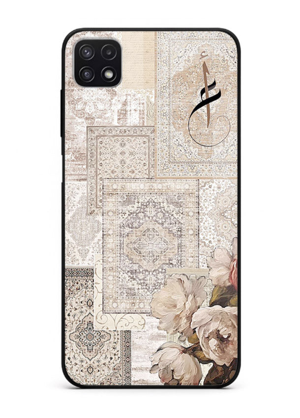Beige floral collage artwork printed on glossy tempered glass Samsung F42 5G back cover