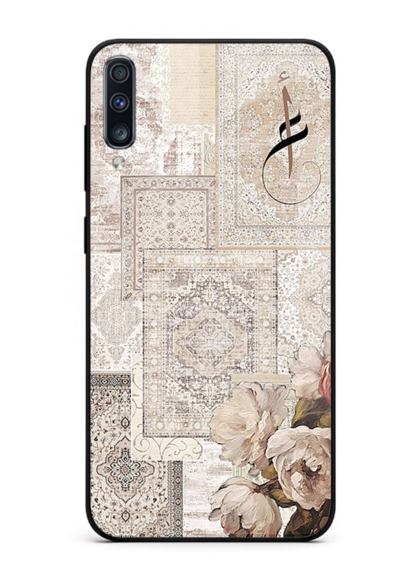 Beige floral collage artwork printed on glossy tempered glass Samsung A70 back cover
