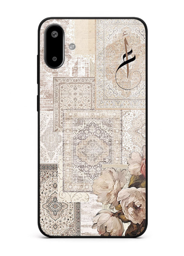 Beige floral collage artwork printed on glossy tempered glass Samsung F06 5G back cover