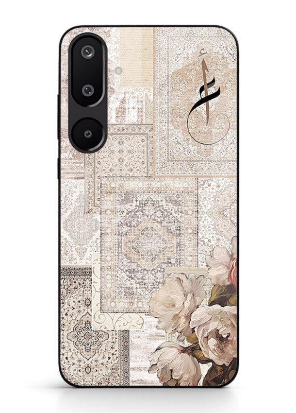 Beige floral collage artwork printed on glossy tempered glass Samsung M16 5G back cover