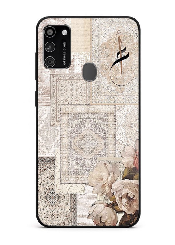 Beige floral collage artwork printed on glossy tempered glass Samsung M21 back cover