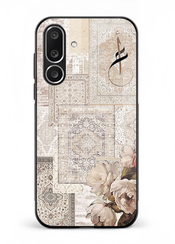 Beige floral collage artwork printed on glossy tempered glass Samsung M36 5G back cover