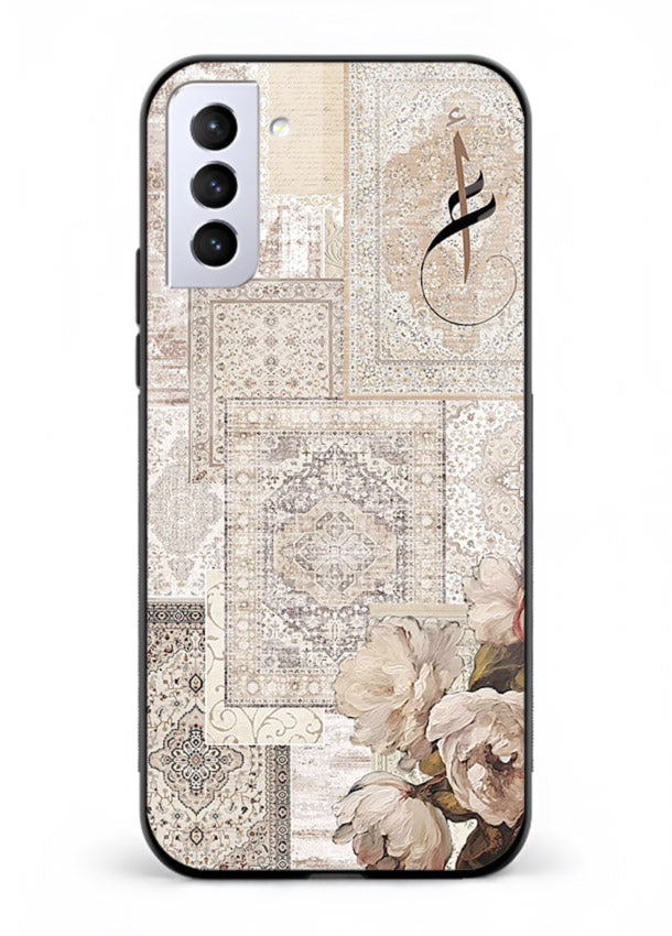 Beige floral collage artwork printed on glossy tempered glass Samsung S21 FE back cover