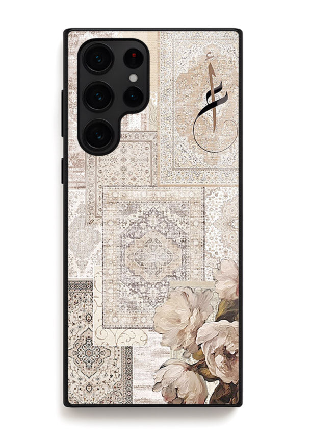 Beige floral collage artwork printed on glossy tempered glass Samsung S22 Ultra back cover