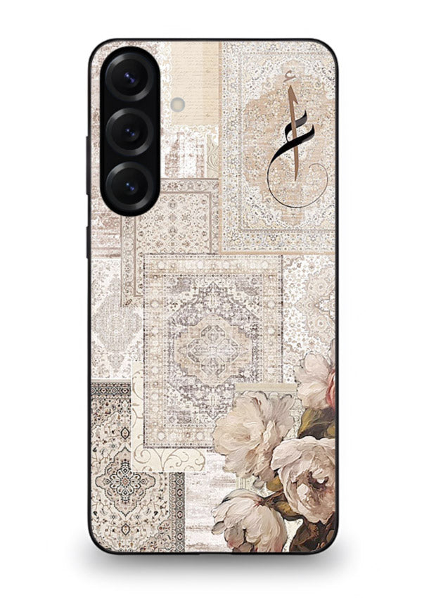 Beige floral collage artwork printed on glossy tempered glass Samsung A56 5G back cover