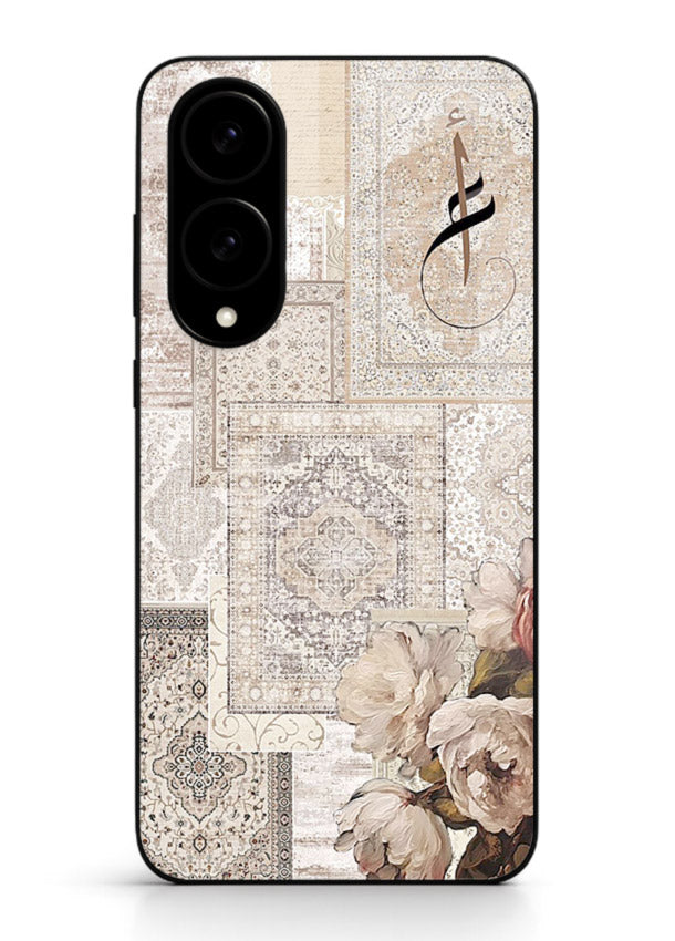 Beige floral collage artwork printed on glossy tempered glass Samsung S25 Edge back cover
