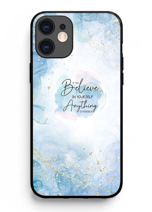 Dreamy sky and motivational lettering on iphone 12 glass back cover with soft blue tones.