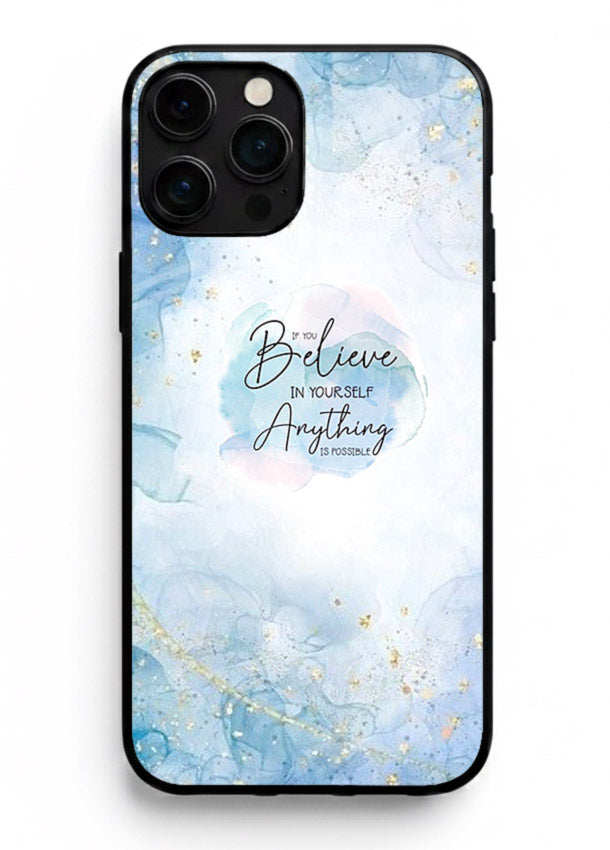 Dreamy sky and motivational lettering on iphone 13 pro max glass back cover with soft blue tones.
