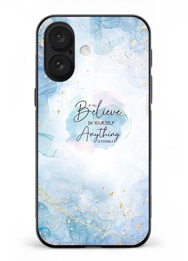 Dreamy sky and motivational lettering on iphone 16 glass back cover with soft blue tones.