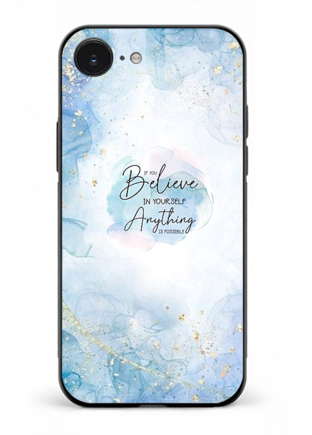 Dreamy sky and motivational lettering on iphone 16e glass back cover with soft blue tones.