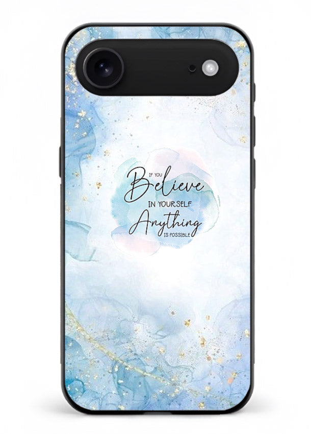 Dreamy sky and motivational lettering on iphone 17 air glass back cover with soft blue tones.