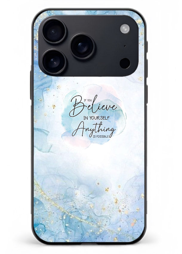 Dreamy sky and motivational lettering on iphone 17 pro glass back cover with soft blue tones.