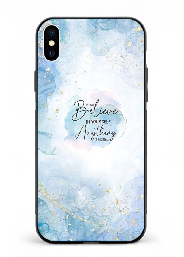 Dreamy sky and motivational lettering on iphone xs max glass back cover with soft blue tones.