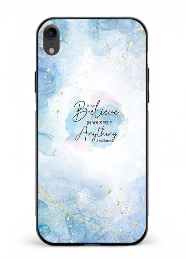 Dreamy sky and motivational lettering on iphone xr glass back cover with soft blue tones.