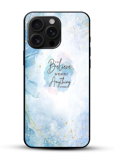 Dreamy sky and motivational lettering on glossy vibrant premium glass back cover with soft blue tones. - Angle Front
