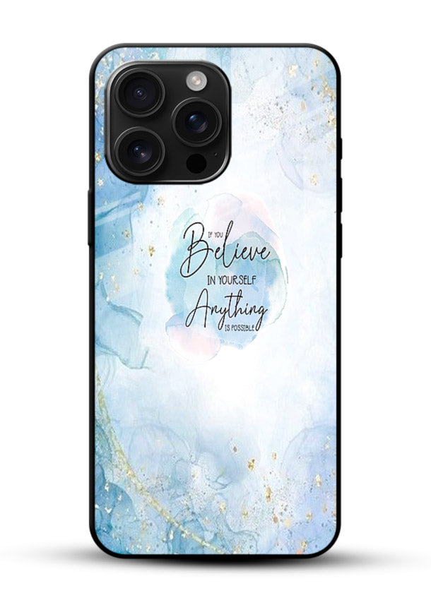 Dreamy sky and motivational lettering on glossy vibrant premium glass back cover with soft blue tones. - Angle Front