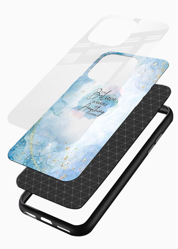 Dreamy sky and motivational lettering on glossy vibrant premium glass back cover with soft blue tones. - Angle Layers