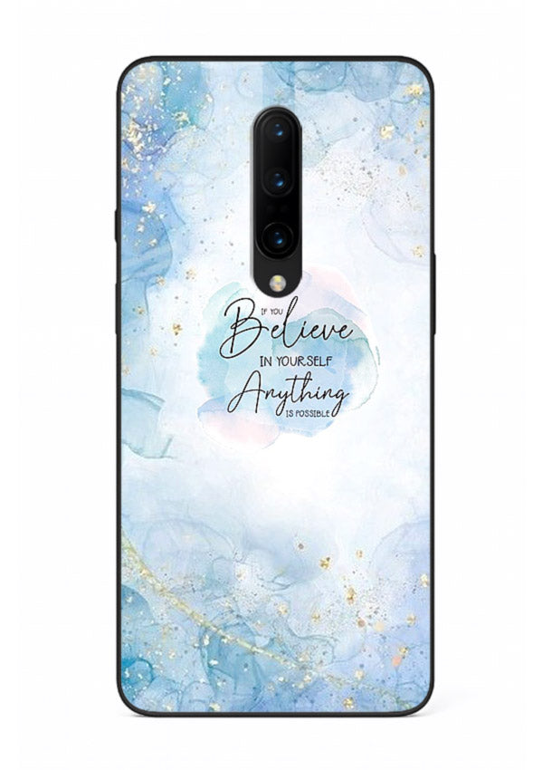 Dreamy sky and motivational lettering on OnePlus 7T Pro glass back cover with soft blue tones.