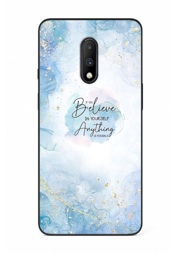 Dreamy sky and motivational lettering on OnePlus 7 glass back cover with soft blue tones.