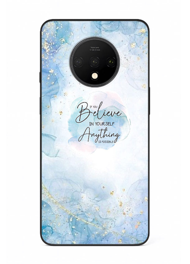 Dreamy sky and motivational lettering on OnePlus 7T glass back cover with soft blue tones.