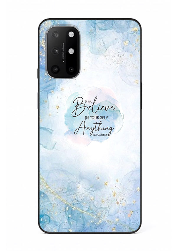 Dreamy sky and motivational lettering on OnePlus 8T glass back cover with soft blue tones.