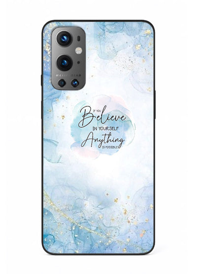 Dreamy sky and motivational lettering on OnePlus 9 glass back cover with soft blue tones.