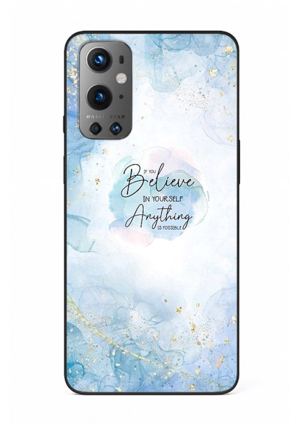 Dreamy sky and motivational lettering on OnePlus 9 glass back cover with soft blue tones.
