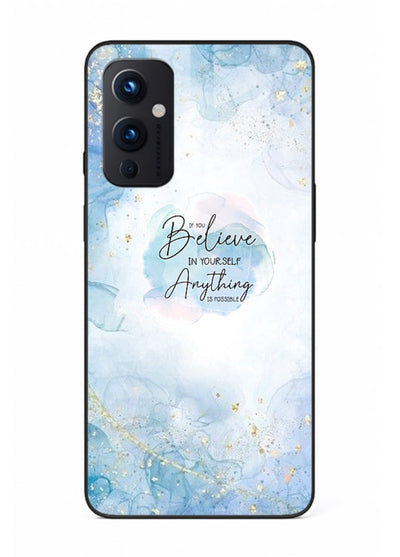 Dreamy sky and motivational lettering on OnePlus 9 Pro glass back cover with soft blue tones.