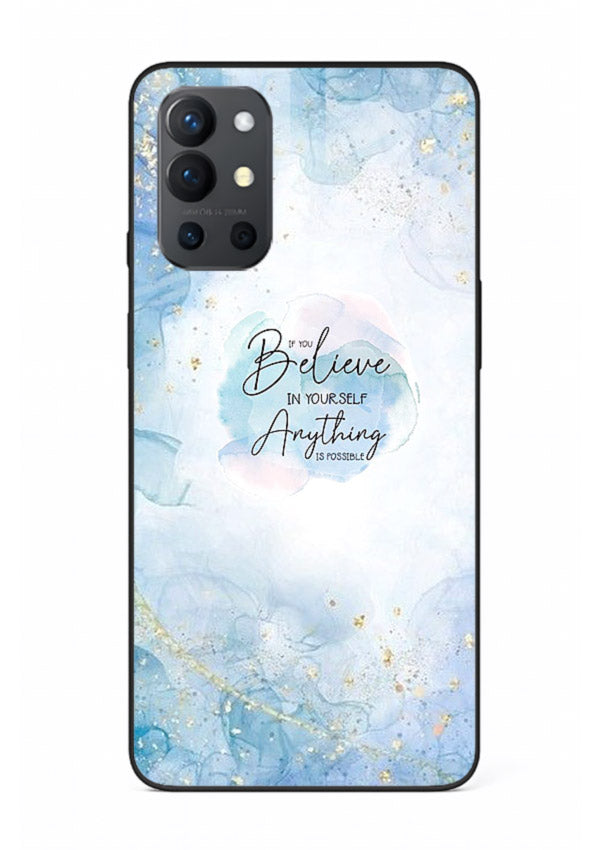 Dreamy sky and motivational lettering on OnePlus 9R glass back cover with soft blue tones.