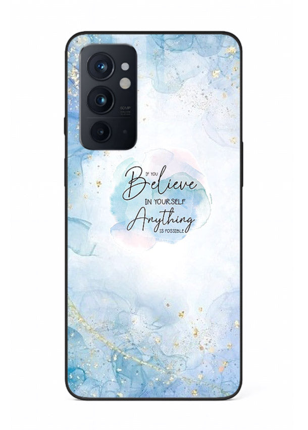 Dreamy sky and motivational lettering on OnePlus 9RT glass back cover with soft blue tones.