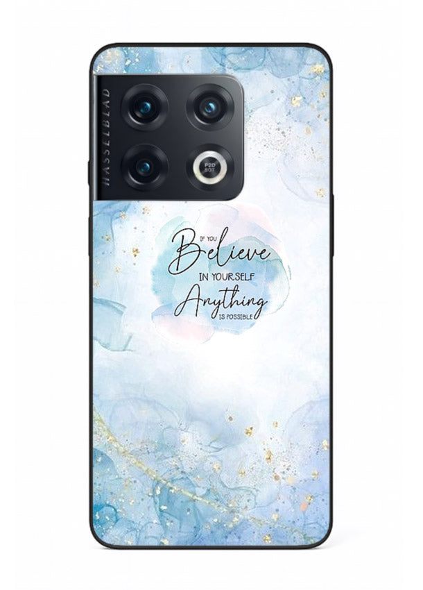 Dreamy sky and motivational lettering on OnePlus 10 Pro glass back cover with soft blue tones.