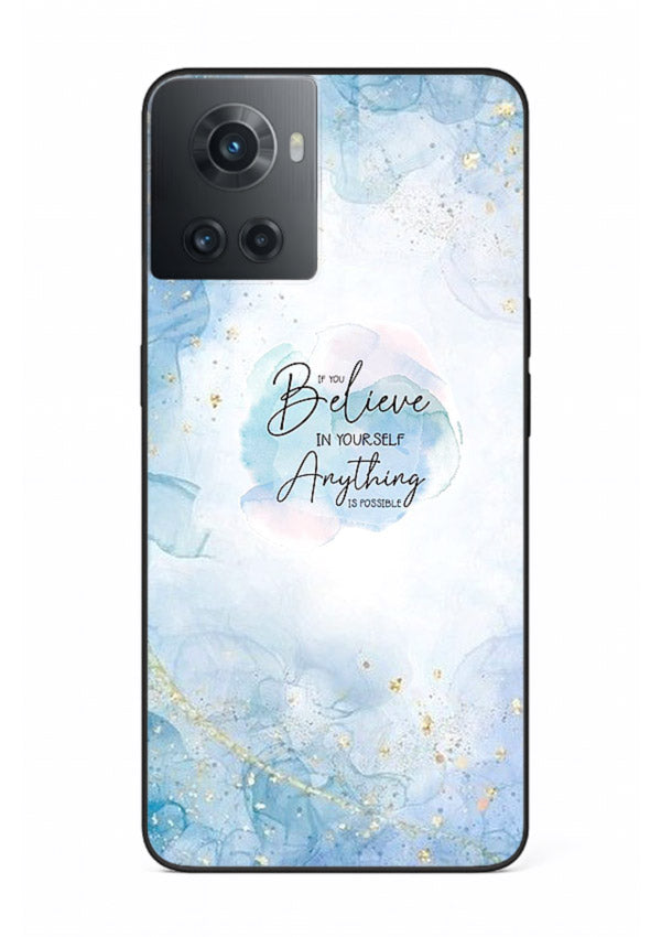 Dreamy sky and motivational lettering on OnePlus 10R glass back cover with soft blue tones.