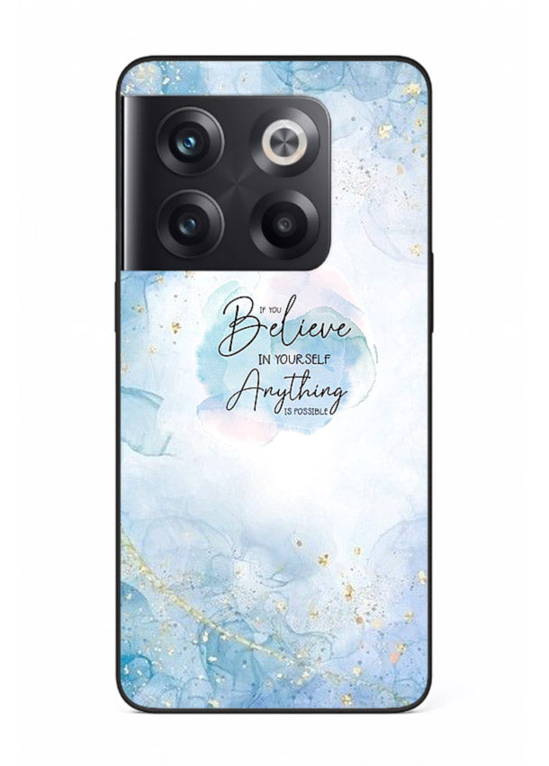 Dreamy sky and motivational lettering on OnePlus 10T glass back cover with soft blue tones.