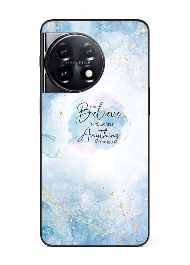 Dreamy sky and motivational lettering on OnePlus 11R glass back cover with soft blue tones.