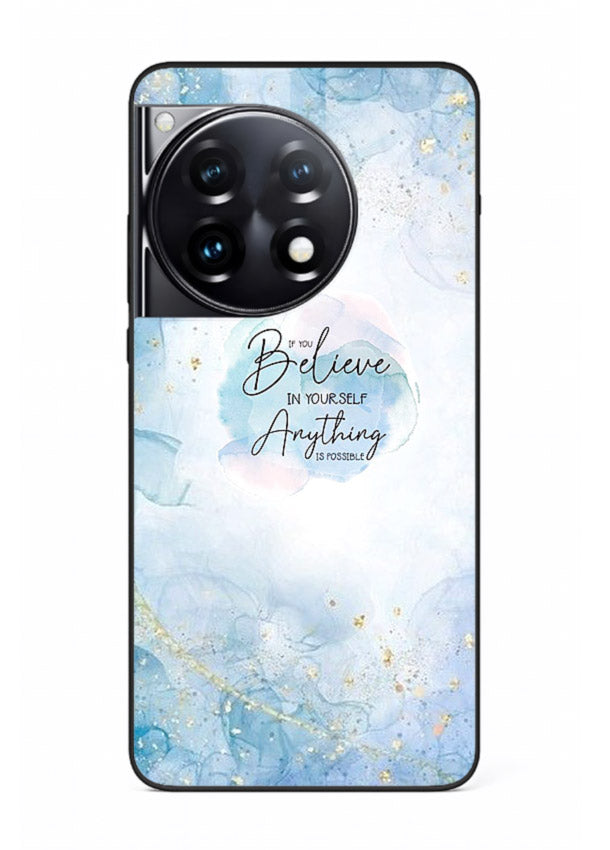 Dreamy sky and motivational lettering on OnePlus 12R glass back cover with soft blue tones.