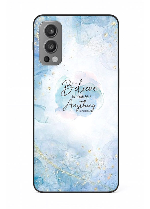 Dreamy sky and motivational lettering on OnePlus Nord 2 glass back cover with soft blue tones.