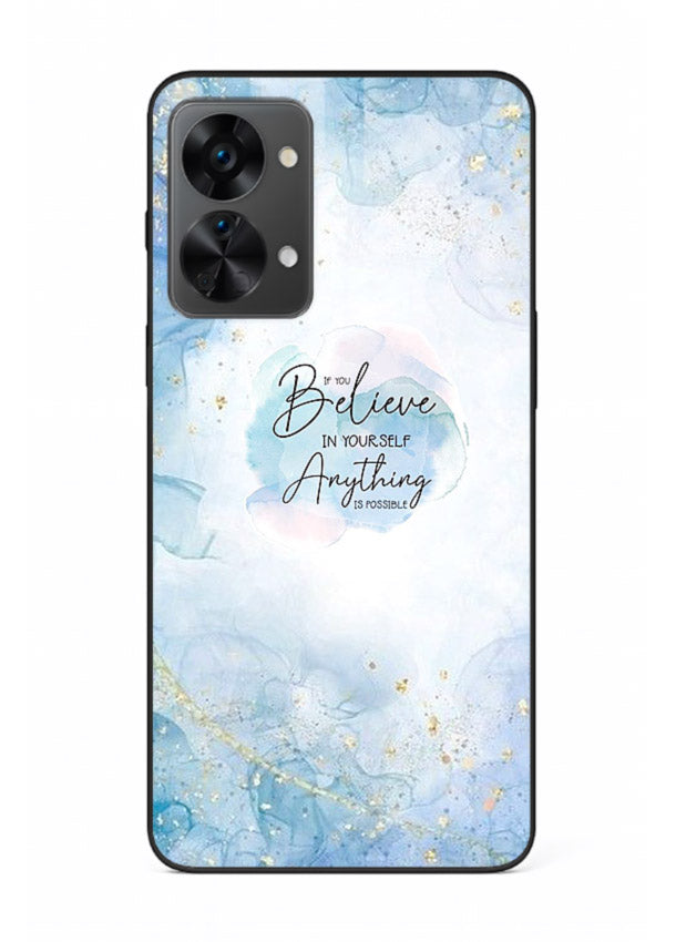 Dreamy sky and motivational lettering on OnePlus Nord 2T glass back cover with soft blue tones.