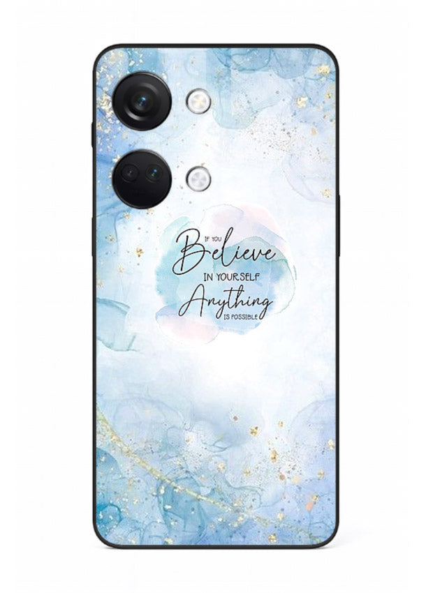 Dreamy sky and motivational lettering on OnePlus Nord 3 glass back cover with soft blue tones.