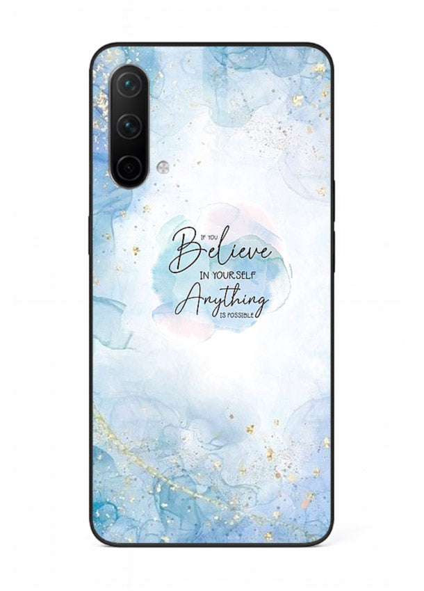 Dreamy sky and motivational lettering on OnePlus Nord CE 5G glass back cover with soft blue tones.