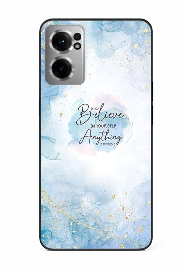 Dreamy sky and motivational lettering on OnePlus Nord CE2 5G glass back cover with soft blue tones.