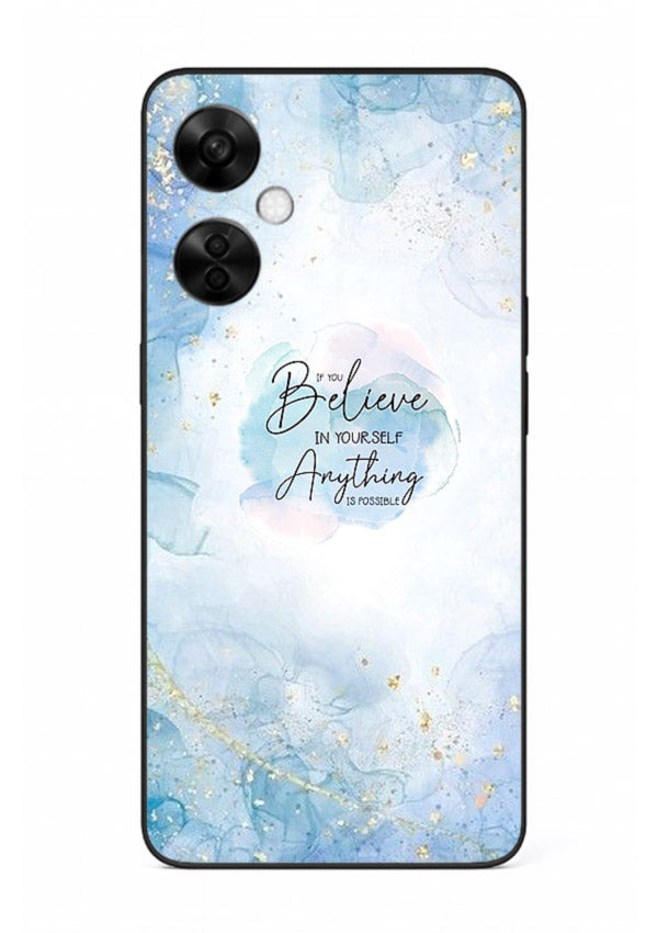 Dreamy sky and motivational lettering on OnePlus Nord CE3 Lite glass back cover with soft blue tones.