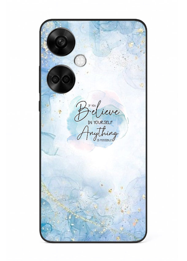 Dreamy sky and motivational lettering on OnePlus Nord CE3 glass back cover with soft blue tones.