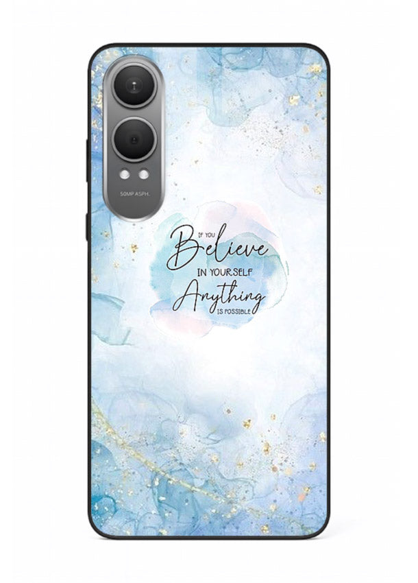 Dreamy sky and motivational lettering on OnePlus Nord CE4 Lite glass back cover with soft blue tones.