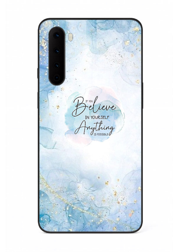 Dreamy sky and motivational lettering on OnePlus Nord glass back cover with soft blue tones.