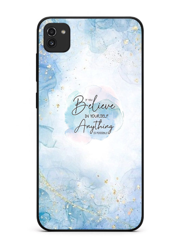 Dreamy sky and motivational lettering on Samsung A03 glass back cover with soft blue tones.