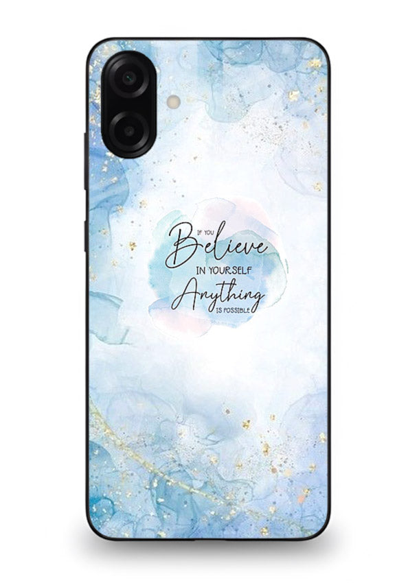 Dreamy sky and motivational lettering on Samsung A07 4G glass back cover with soft blue tones.