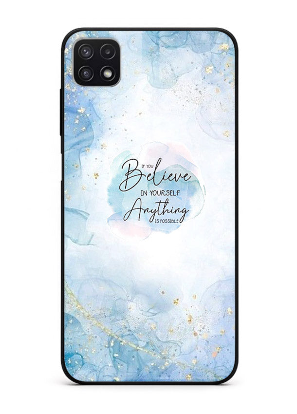 Dreamy sky and motivational lettering on Samsung F42 5G glass back cover with soft blue tones.