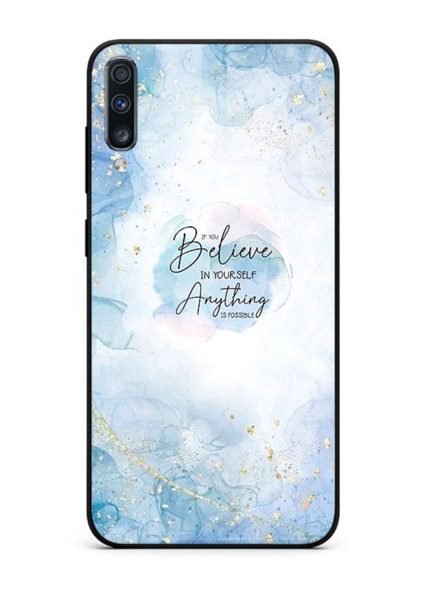 Dreamy sky and motivational lettering on Samsung A70 glass back cover with soft blue tones.