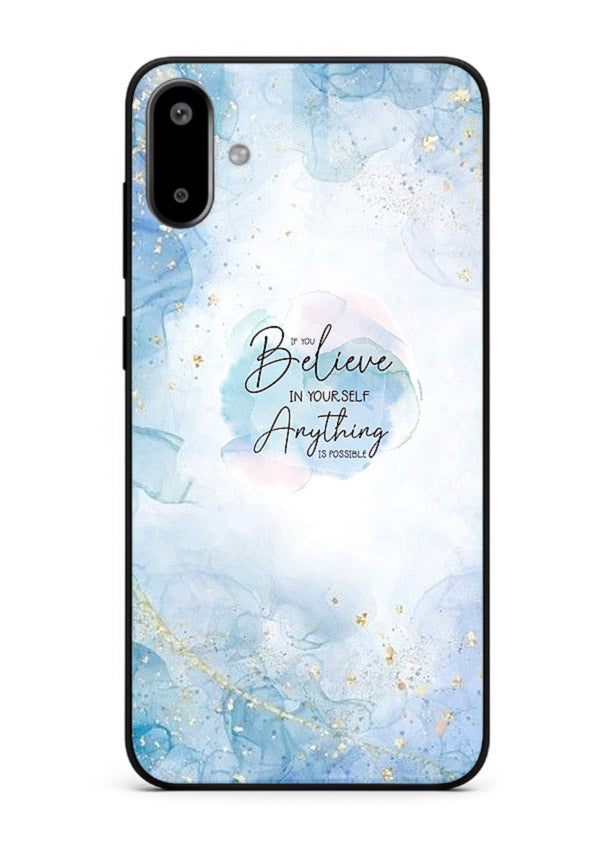 Dreamy sky and motivational lettering on Samsung F06 5G glass back cover with soft blue tones.