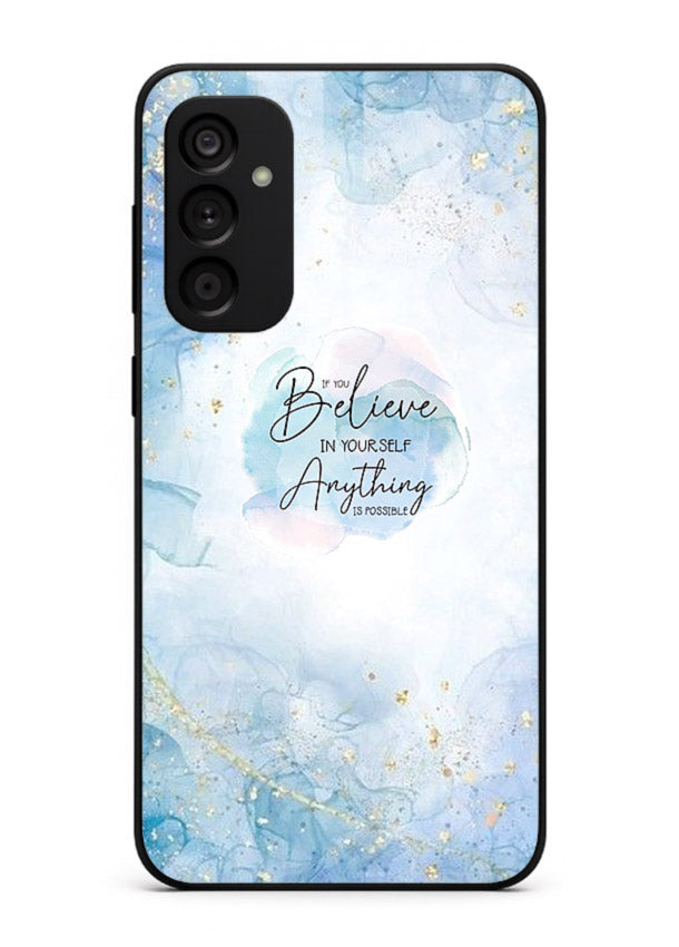 Dreamy sky and motivational lettering on Samsung A15 5G glass back cover with soft blue tones.